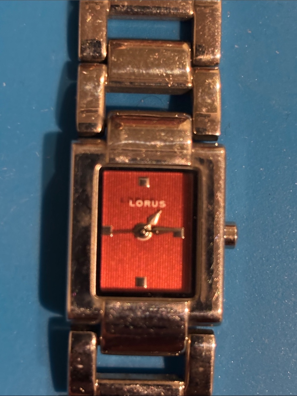 Lorus Women's Silver Bracelet Watch with Red Rectangular Dial